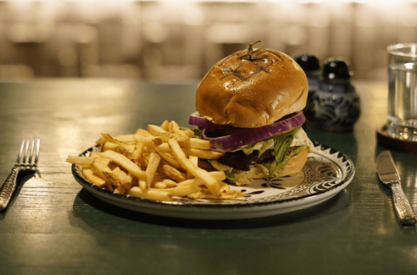 gourmet burger with bacon and fries